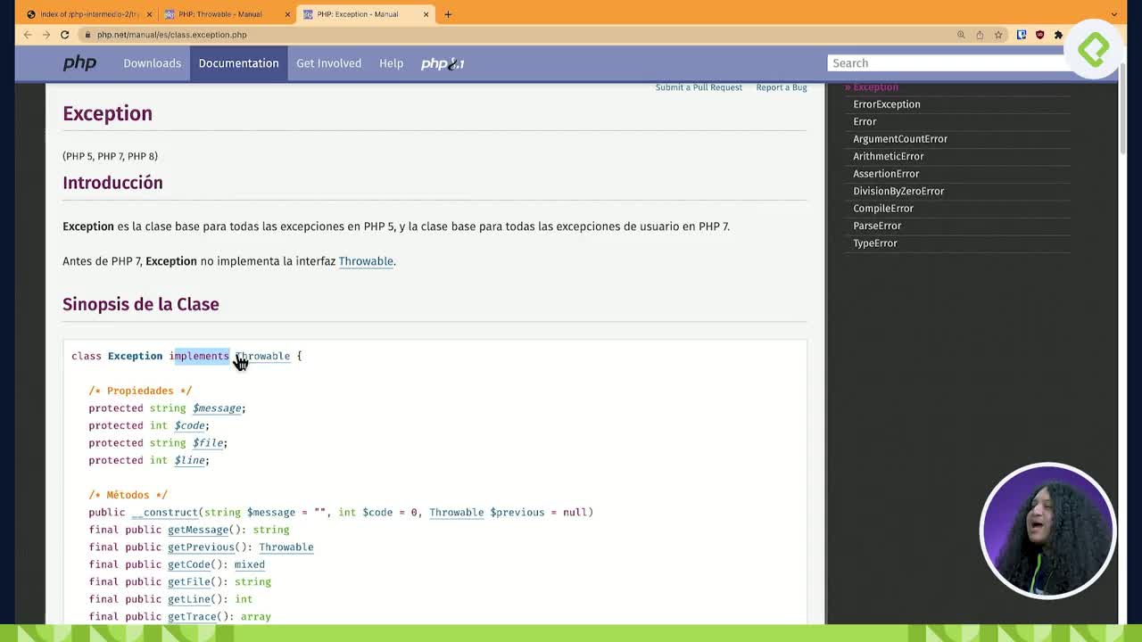 Métodos de Excepciones en PHP: GetMessage, GetCode y GetTrace